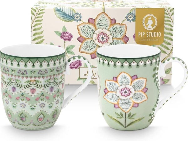 Pip Studio Lily & Lotus Light Green Set van Twee Mokjes 145ml - Porselein