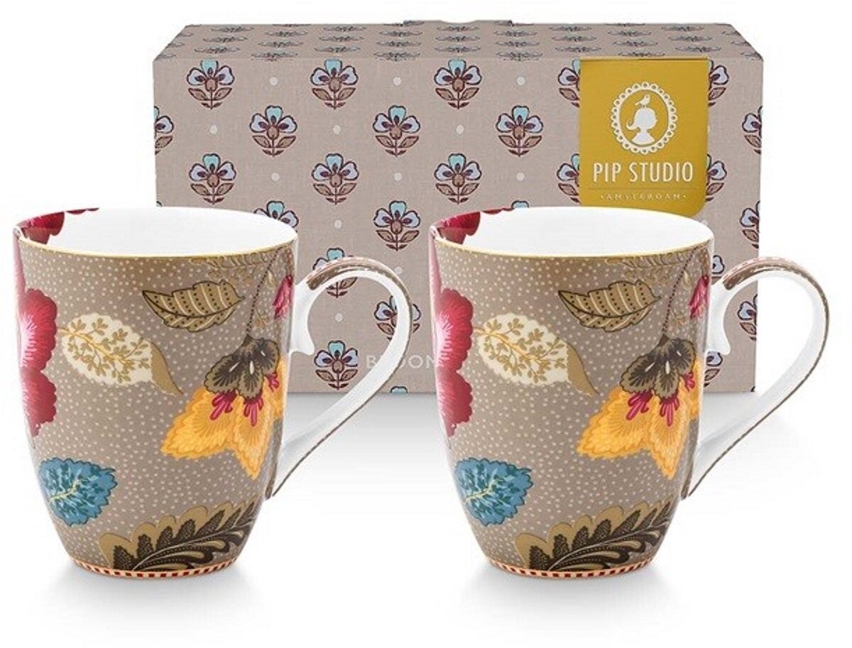 Pip studio-Mok groot-Blooming Tales Fantasy Khaki-Set van 2-365ml-Porselein
