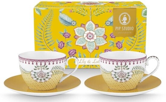 Pip Studio - Lily & Lotus Yellow - kop en schotel - set van 2 - 280 ml - vaatwasserbestendig
