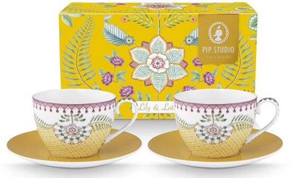 Pip Studio - Lily & Lotus Yellow - kop en schotel - set van 2 - 280 ml - vaatwasserbestendig