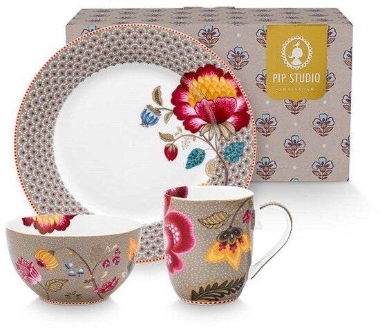 Pip studio-Ontbijtset 3 delig-Blooming Tales Fantasy Khaki-Porselein