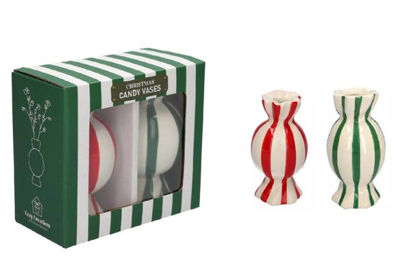 Cadeauset / giftset kaarsenhouders candy 2 stuks groen/rood 6x11.5cm