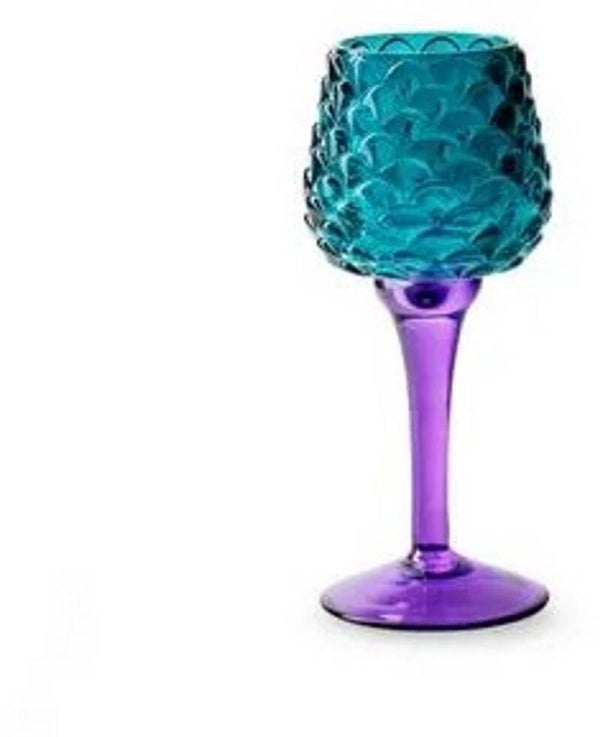 Jodeco glass-Theelichthouder op voet 'pinecone' petrol blauw paars h19 d8 cm