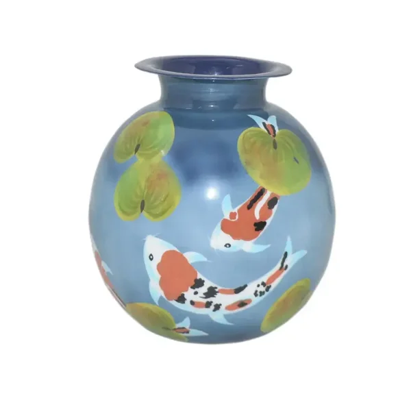 Colmore by Diga Vaas metaal handbeschilderd vissen blue enamel IR 24x24x26 cm