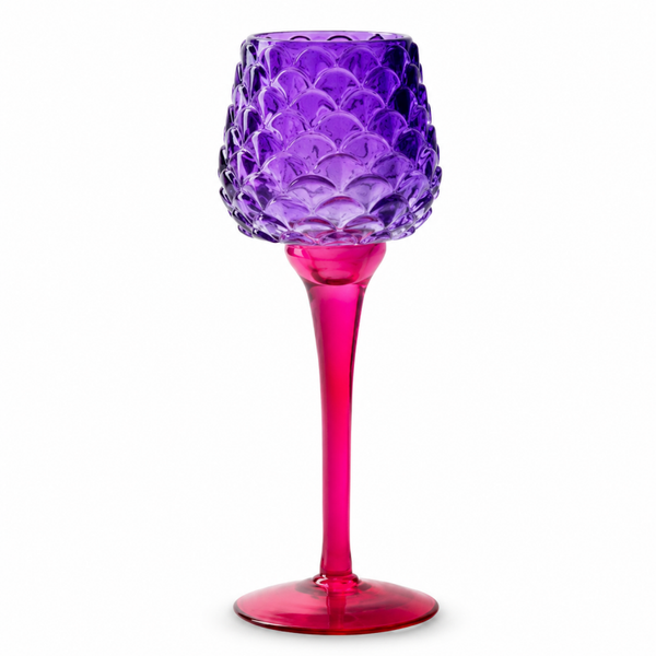 Jodeco glass-Theelichthouder op voet 'pinecone' paars fuchsia h22 d8 cm