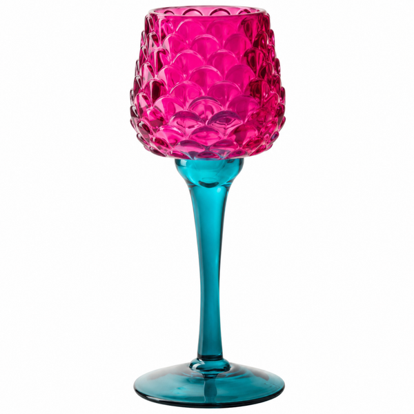 Jodeco glass-Theelichthouder op voet 'pinecone' fuchsia petrol blauw h22 d8 cm