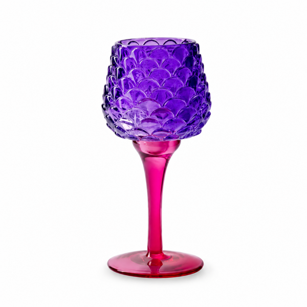 Jodeco glass-Theelichthouder op voet 'pinecone' paars fuchsia h19 d8 cm
