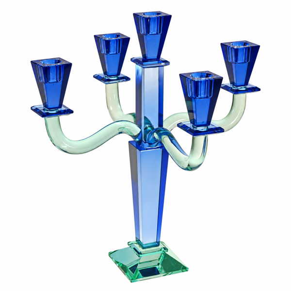 Fancy Kristallen kandelaar, 5 lichts, blauw, glas, H. 40 cm
