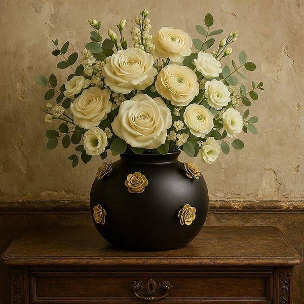 Colmore vaas met bronzen rozen alu/mat zwart Ø39x34cm