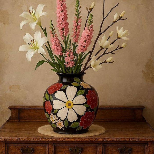 Colmore handbeschilderde vaas iron black flowers mtm 34x34x48cm