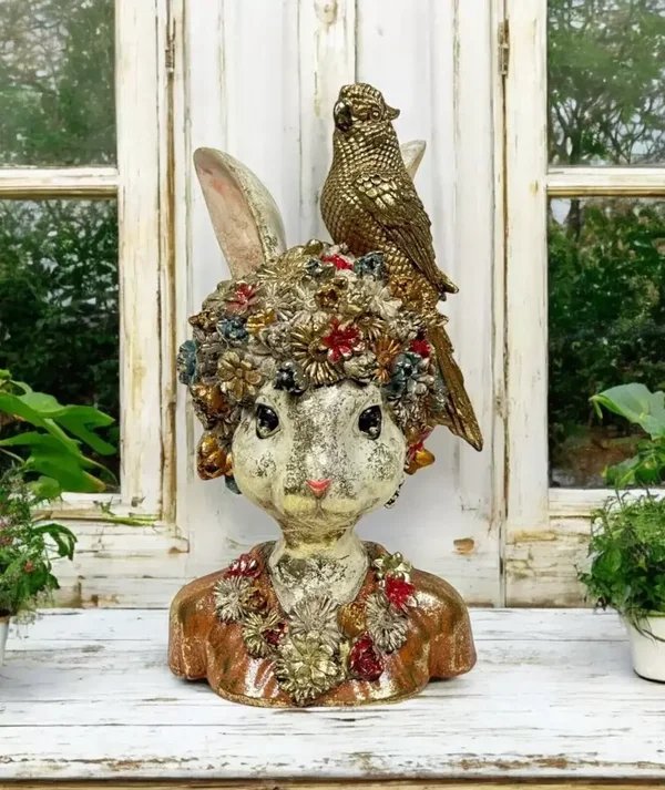 Paashaas Konijn Beeldje Buste Papegaai Bloemen Goud 35cm