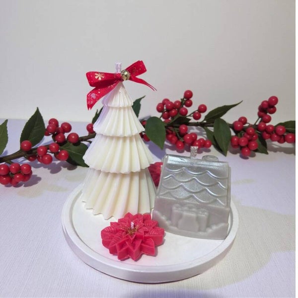 Kit Velas Decorativas Navideñas Pino Blanco + Casita + Noche Buena
