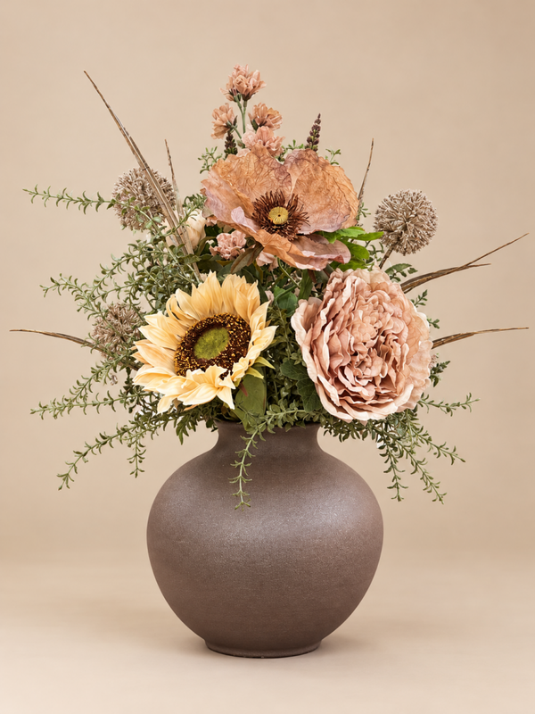 Bruine Vaas Inclusief Zijden Bloemen Boeket