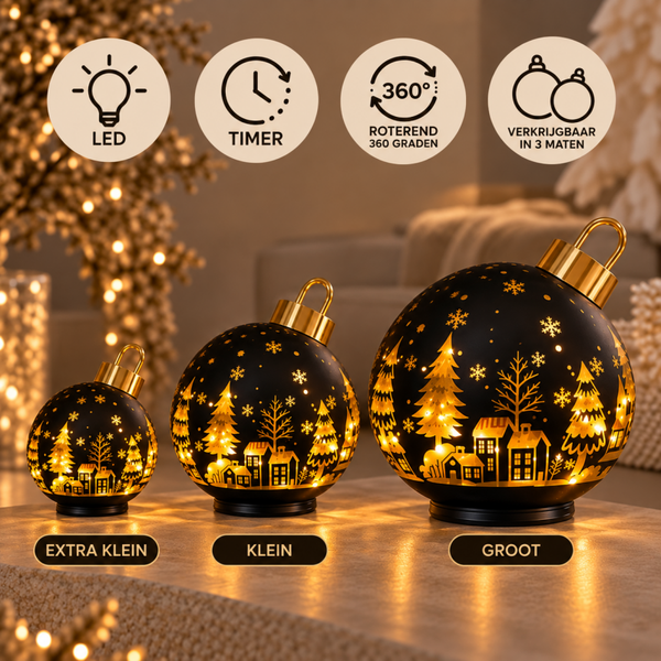 Roterende LED Kerstbal Zwart/Goud | In 3 maten