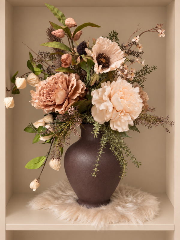 Zijden Bloemen Boeket ‘Beige Taupe’ | Inclusief  Vaas | H70cm