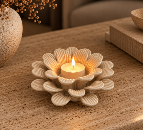 Waxinelichthouder Bloem | Beige | 	13,5x13,5x6,7cm