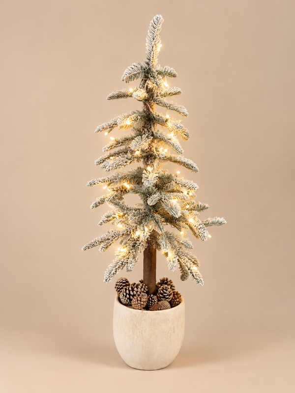 PRE ORDER Sneeuw Kerstboom Op Stam Met Verlichting |  Inclusief Beige Pot