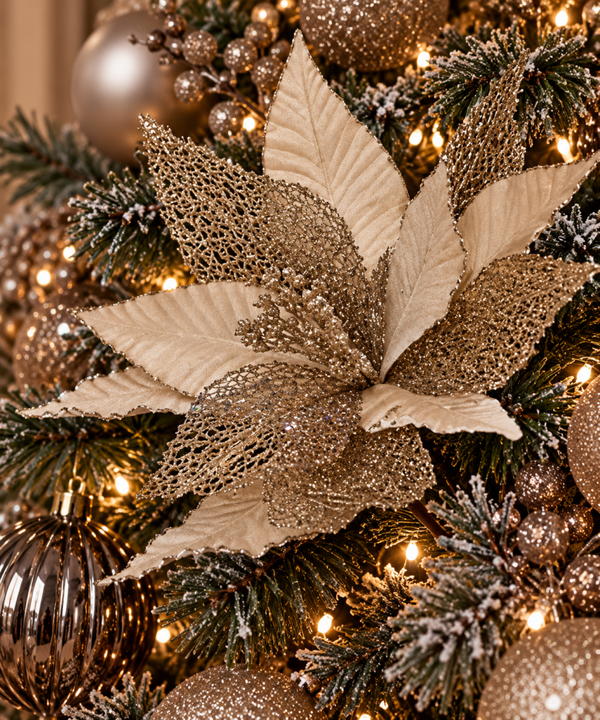 Kerst Kunstbloem ‘Kerstster’ | Velvet Champagne / Gold | 30cm