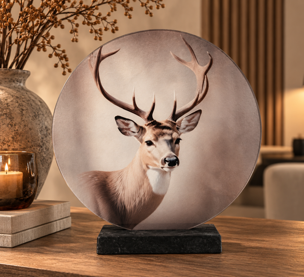 Rond Glas Schilderij Met Voet | Hert | 32cm
