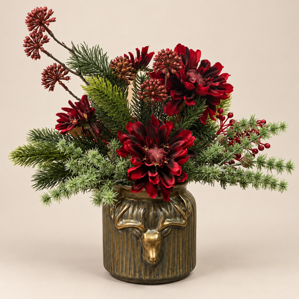 Kerst Bloemstukje Zijden Bloemen | Hert | H37cm