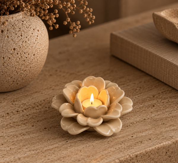 Waxinelichthouder ‘Flower’ | Beige | 12,5x12,5x6,5cm