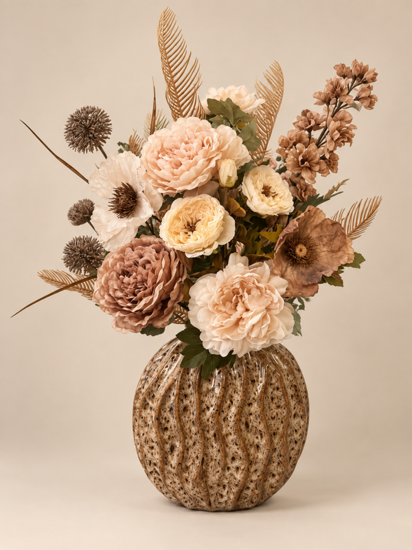 Plat Zijden Bloemen Boeket ‘Naturel’ | Inclusief Vaas