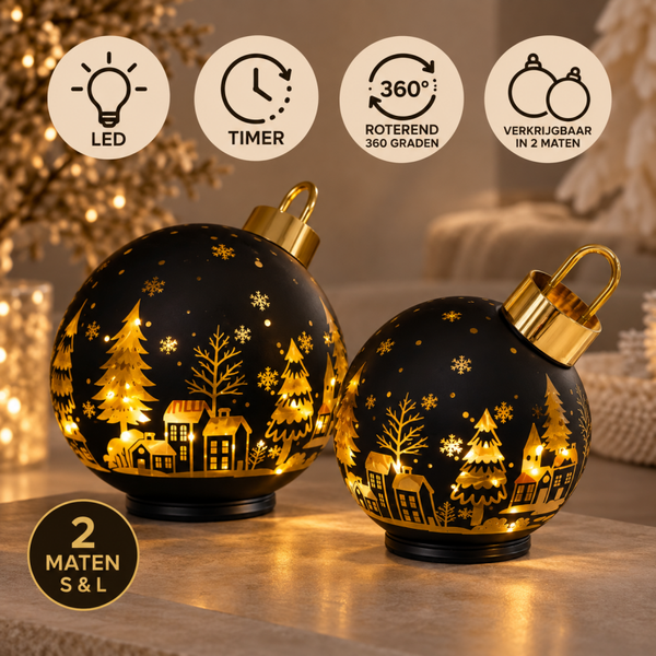 Roterende LED Kerstbal Zwart/Goud | In 2 maten