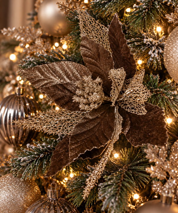 Kerst Kunstbloem ‘Kerstster’ | Velvet Brown / Gold | 30cm