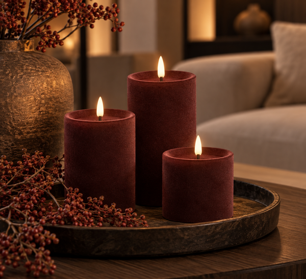 PRE ORDER Countryfield Velvet LED Kaarsen | Brown Burgundy | Verkrijgbaar in 3 maten