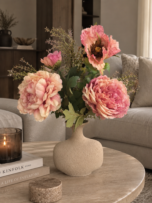 Vaasje Met Zijden Bloemen Boeket ‘Oud Roze