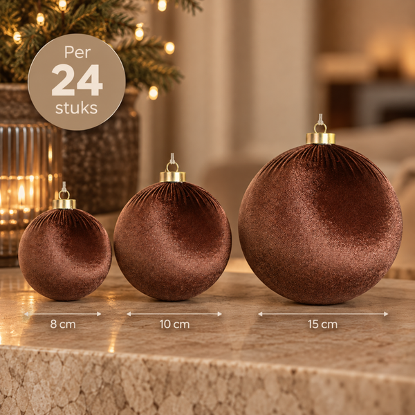 Velvet Kerstballen | Bruin | 24st | Verkrijgbaar in 3 maten
