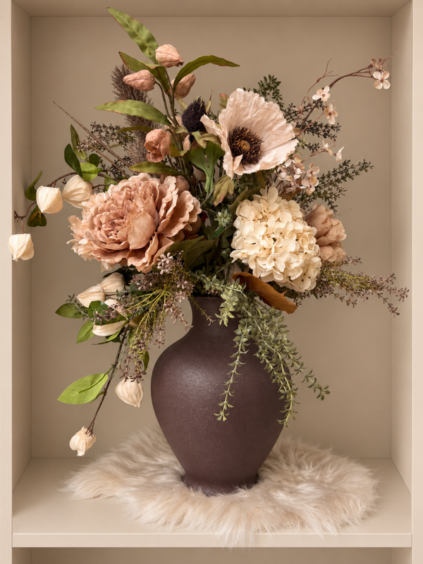 Zijden Bloemen Boeket ‘Beige Taupe’ | Inclusief Vaas |  H70cm