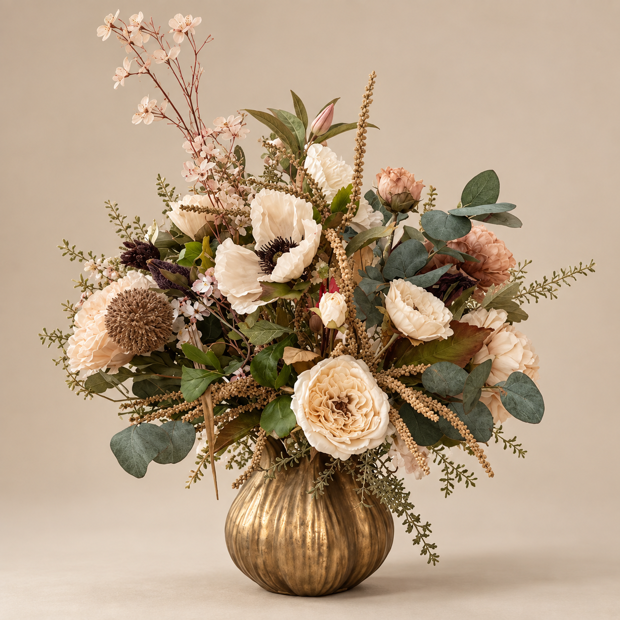 Gouden Toetervaas Inclusief Zijden Bloemen Boeket