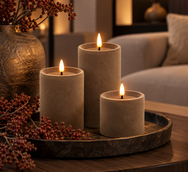PRE ORDER Countryfield Velvet LED Kaarsen | Taupe | Verkrijgbaar in 3 maten