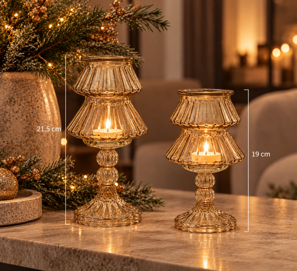 PRE ORDER Kerstboom Waxinelichthouder Amber Kleur | Set van 2