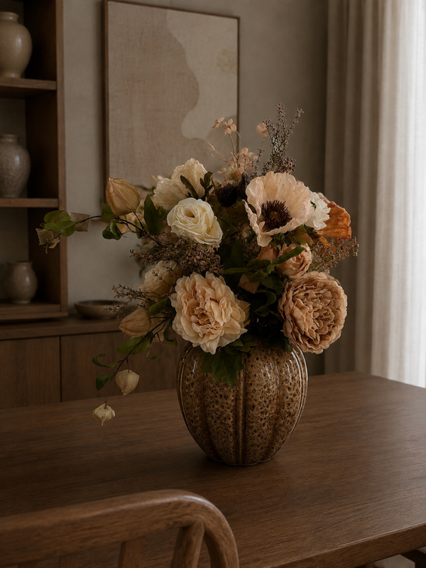 Zijden Bloemen Boeket | Beige Taupe | Inclusief Vaas