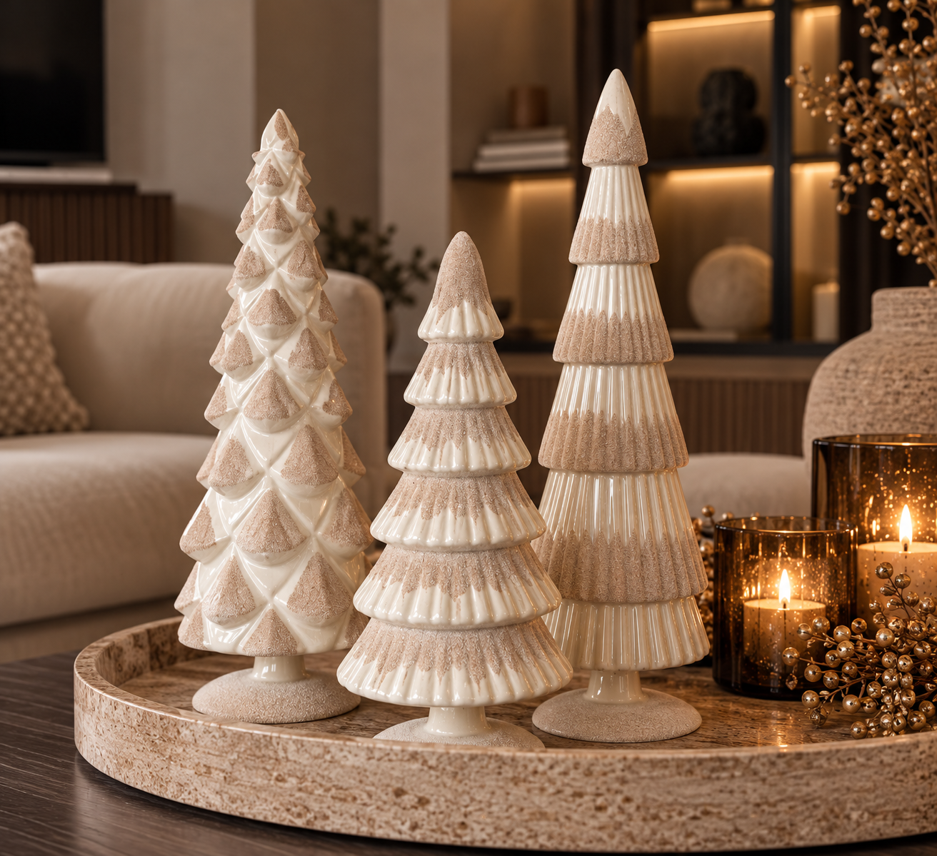 ASSORTI! Velvet Glass Kerstboom Set Van 3 | Light Beige