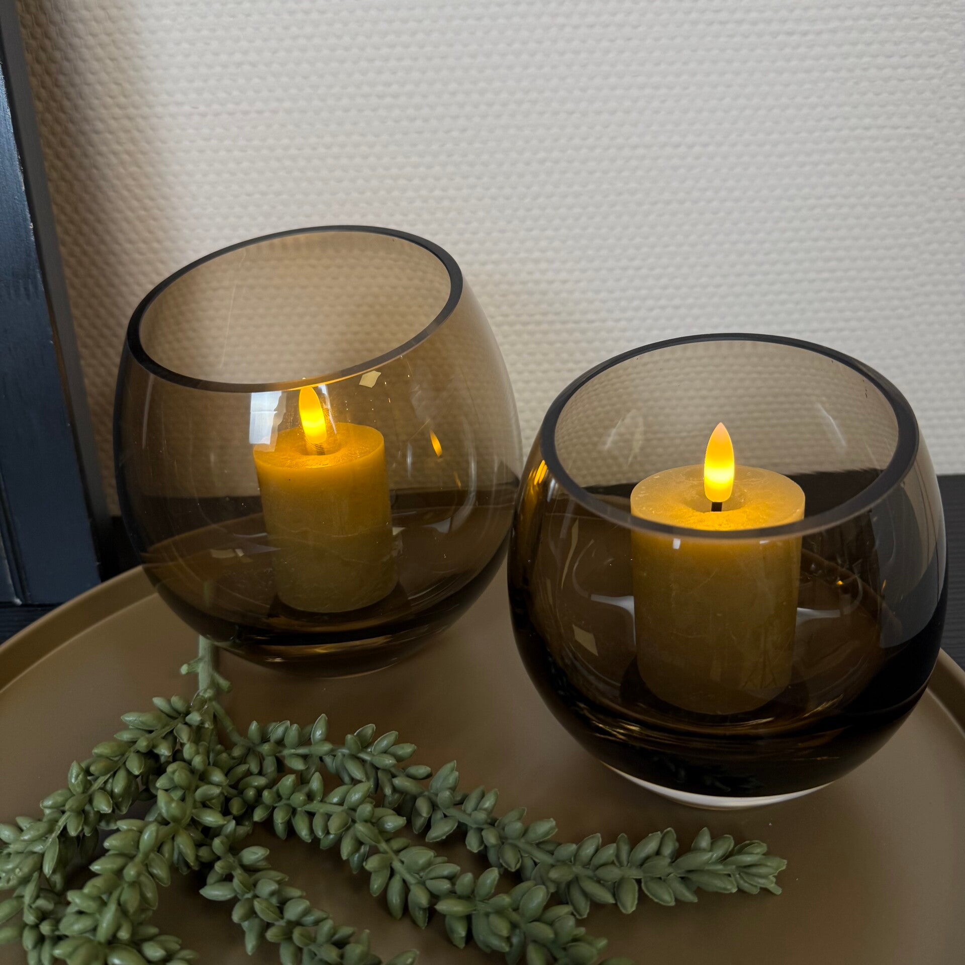 Windlicht Taupe Smoke Glas ‘Moho’ | Verkrijgbaar in 2 maten