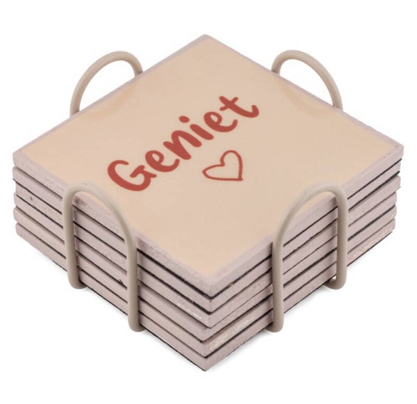 Set van 6 ‘Geniet’ Onderzetters | Incl Houder