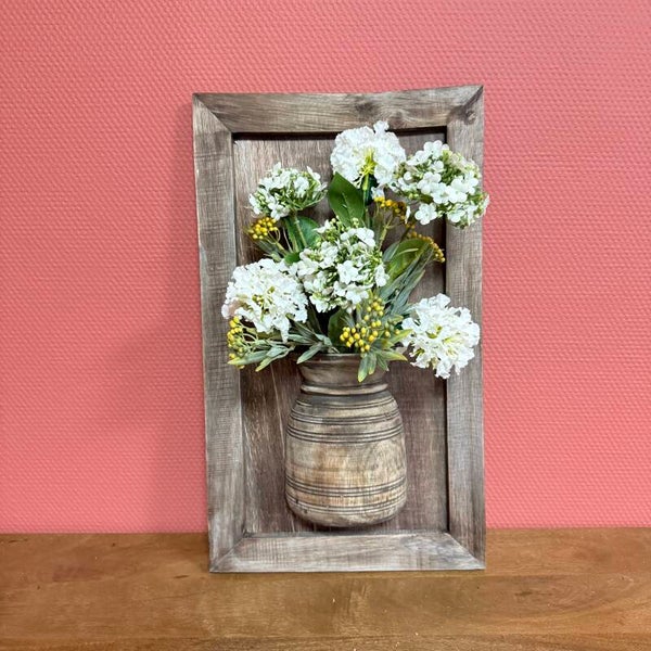 Houten Schilderij Met Pot Inclusief Zijden Bloemen ‘Creme’