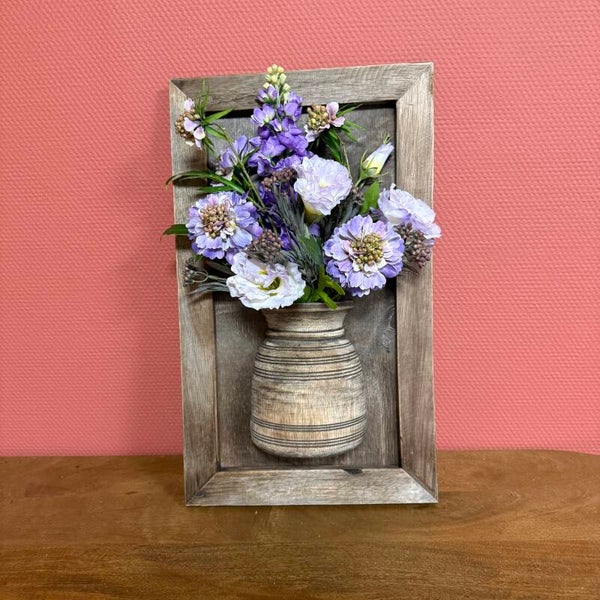 Houten Schilderij Met Pot Inclusief Zijden Bloemen ‘Paars’