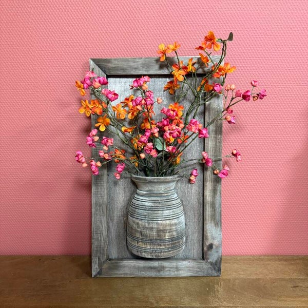 Houten Schilderij Met Pot Inclusief Zijden Bloemen ‘Tropic’