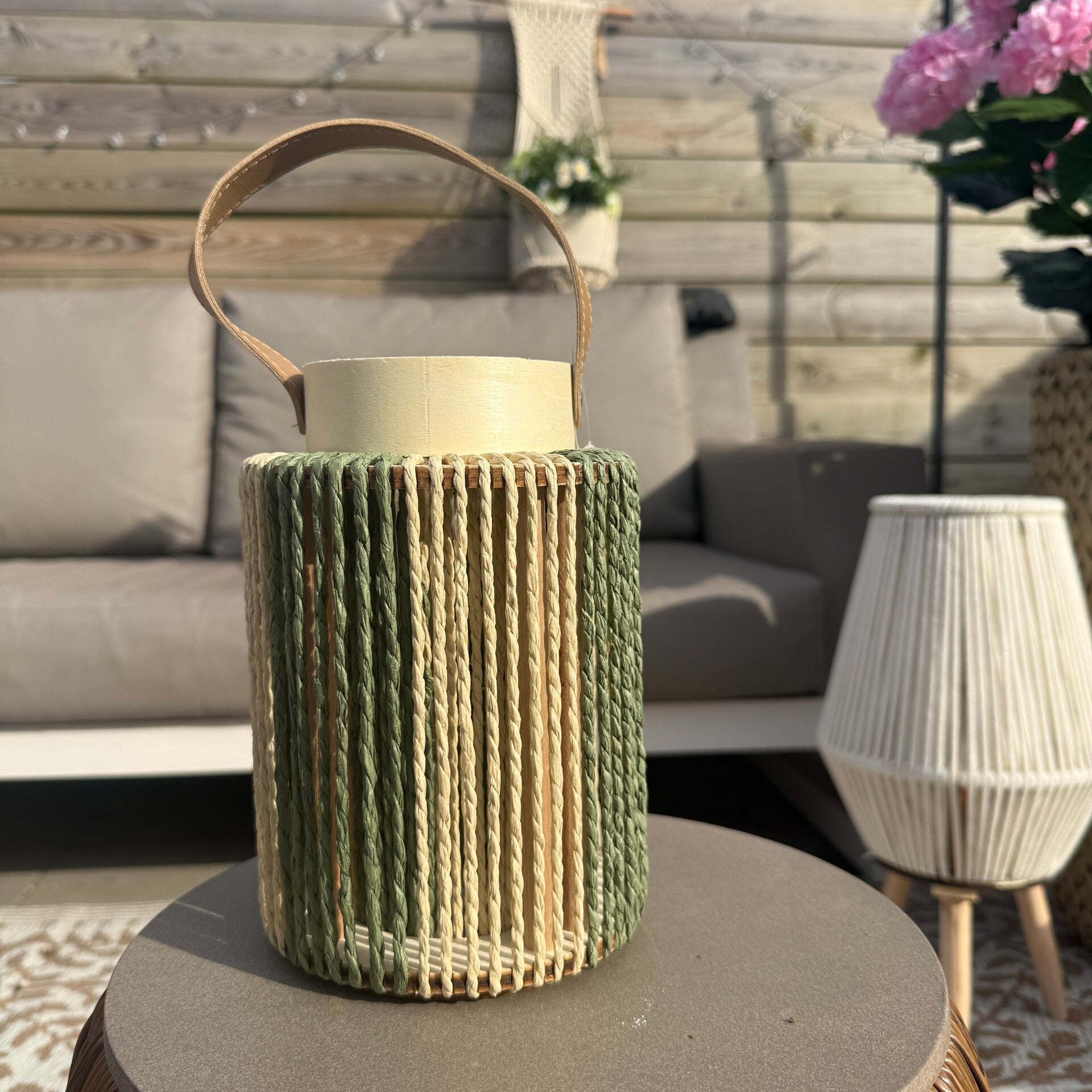 Windlicht Striped | Groen/Naturel