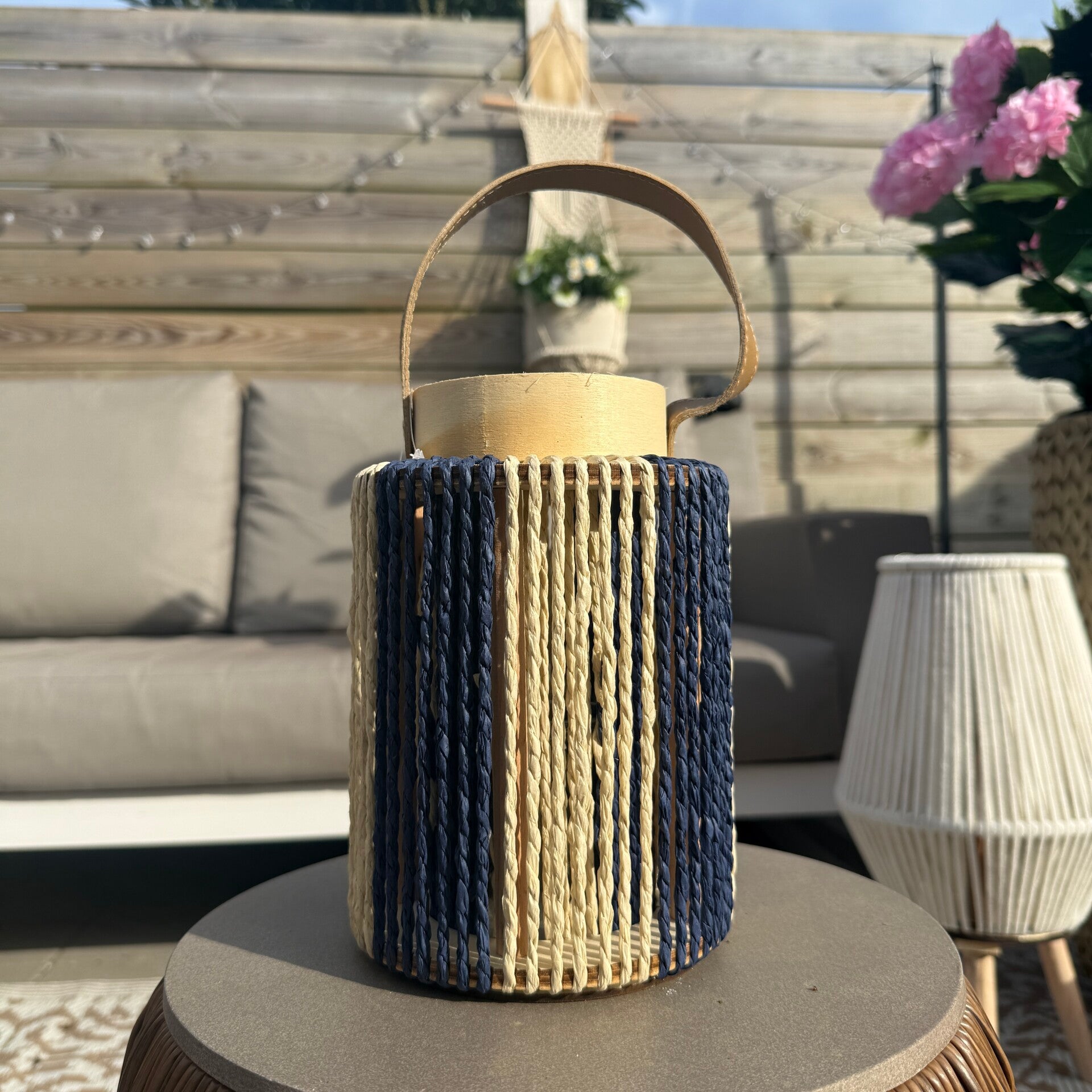 Windlicht Striped | Blauw/Naturel