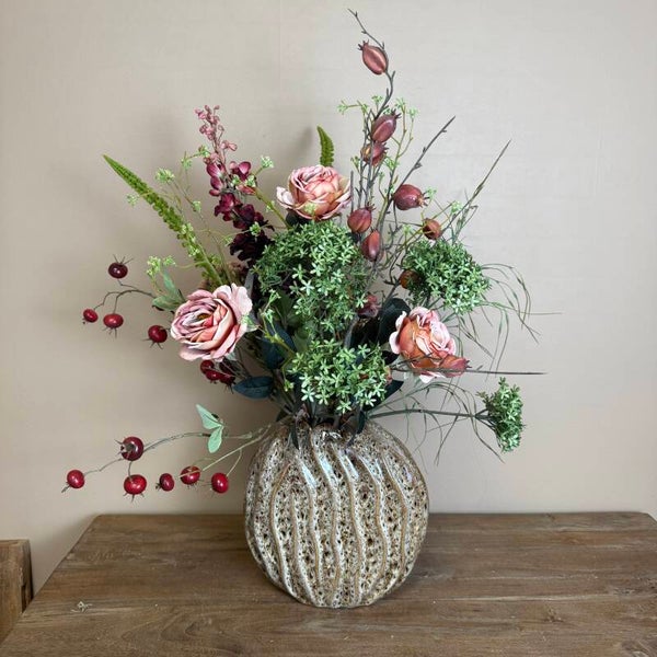 Bruine Vaas Inclusief Zijden Bloemen Boeket