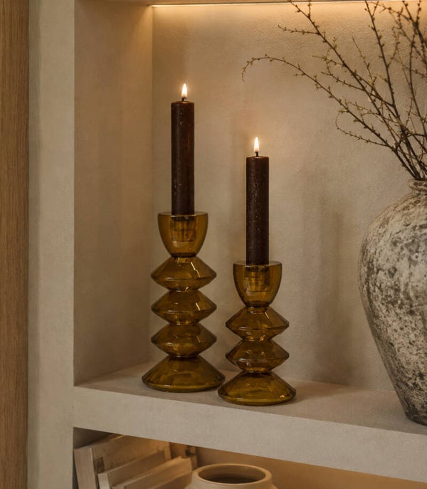 Luxe Massief Glazen Kaarsenstandaard Set Van 2 | Amber | 14 & 17cm