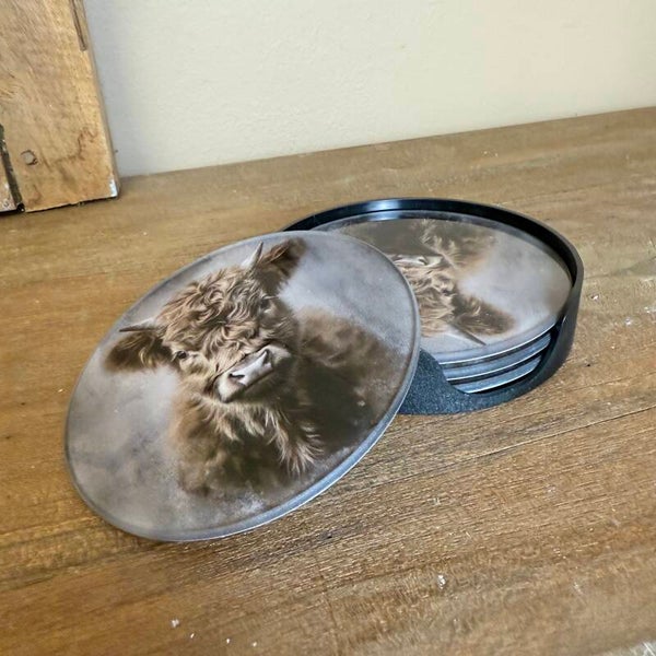 Set 4 Onderzetters Met Houder | Schotse Hooglander