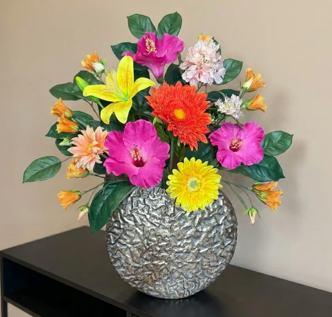 Zijden Bloemen Boeket ‘Tropical’ | Inclusief Vaas