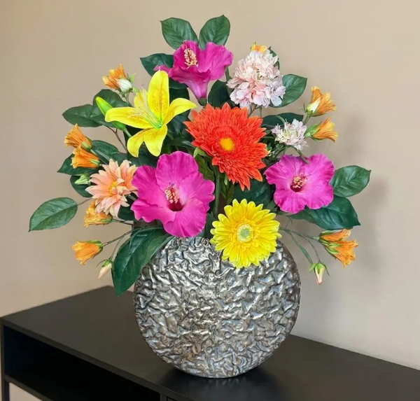 Zijden Bloemen Boeket ‘Tropical’ | Inclusief Vaas