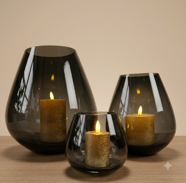Peervormig Windlicht ‘Tasman’  | Smoke Glass | Vase The World | Verkrijgbaar in 3 maten